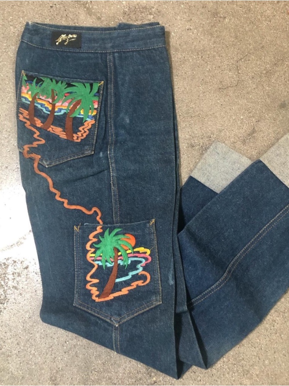 Rare 1970s denim vintage Jeans Tropical Palm Embroidery 70s high waisted denim